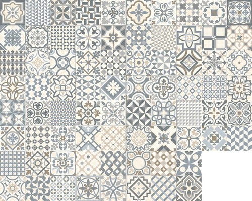Fliesen im Mosaik-Stil mit verschiedenen geometrischen und floralen Mustern im Patchwork-Design.