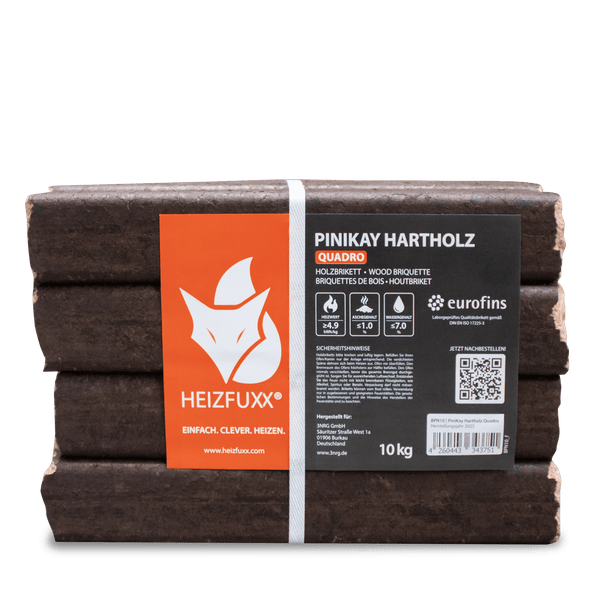 Heizfuxx PiniKay Hartholz Quadro Holzbriketts, 10 Kilogramm Packung, gebündelt mit Label.