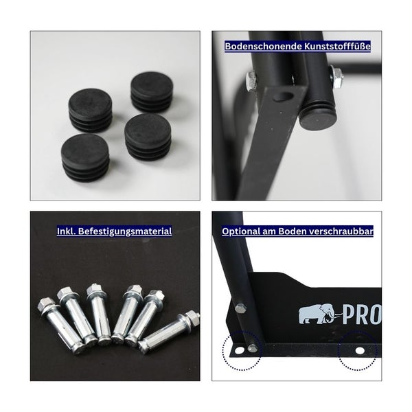 Details zu einem Gerät mit bodenschonenden Kunststofffüßen, inklusive Befestigungsmaterial und optionaler Bodenverschraubung.