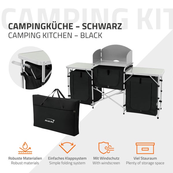 Hauki Camping Küche, Schwarz, Campingschrank faltbar mit Tragetasche, Reiseküche mit Windschutz, Küchenschrank mit Arbeitsplatte, Staufächern, Alu Outdoorküche, Küchenbox klappbar, Zeltschrank tragbar