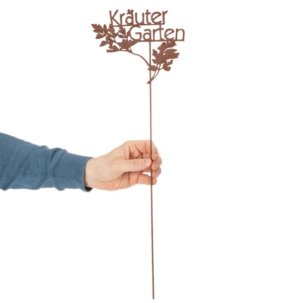 Gartenstecker aus Metall mit Edelrost-Patina und Schriftzug Kräutergarten sowie Blattmotiven.