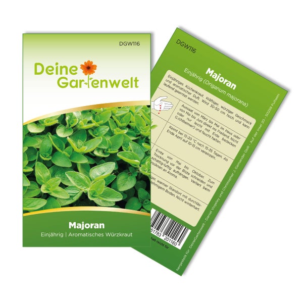 Samentüte für Majoran von Deine Gartenwelt, einjähriges aromatisches Würzkraut mit Abbildung der Blätter und Anbauhinweisen auf der Rückseite.