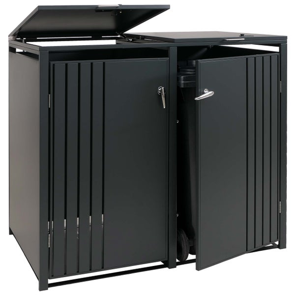 Mülltonnenbox für zwei Mülltonnen mit geöffneten Türen und Deckel.