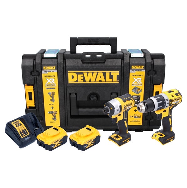 DeWALT Akku-Werkzeug-Set DCK266P2 mit Akku-Schlagbohrschrauber, Schlagschrauber, zwei 18 Volt Akkus, Ladegerät und Transportkoffer.