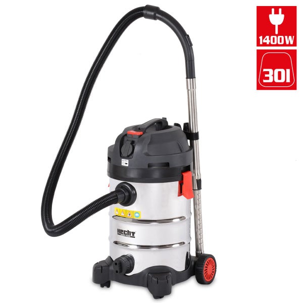 Hecht Nass-Trockensauger mit Edelstahlbehälter, 1400 Watt Leistung und 30 Liter Fassungsvermögen, inklusive Saugschlauch und Saugrohr.