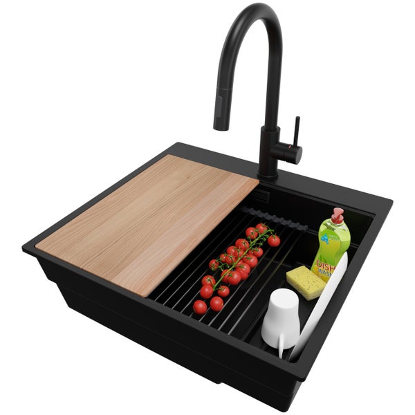 PRIMAGRAN Granitspüle Alles Schwarz 58x53cm, Spülbecken 1 Becken + Küchenarmatur 40x20cm + Ablauf-Set + Küchenzubehörset, Küchenspüle ab 60er Unterschrank - Oslo Max