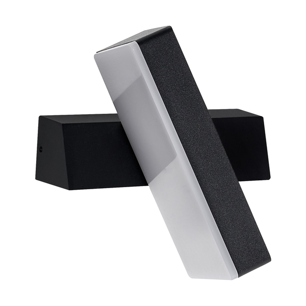 Moderne schwarze Wandleuchte mit schwenkbarem, rechteckigem Lichtbalken und weißer Abdeckung.