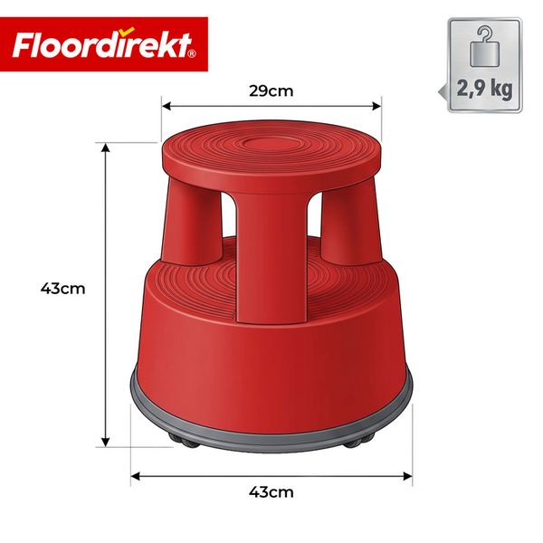 Roter Rollhocker aus Kunststoff, Höhe 43 Zentimeter, Durchmesser 43 und 29 Zentimeter, Gewicht 2,9 Kilogramm. Floordirekt Logo.