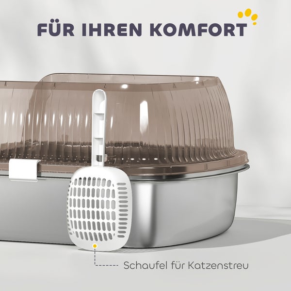 Katzentoilette aus Edelstahl mit transparentem Kunststoffaufsatz und einer Schaufel für Katzenstreu.
