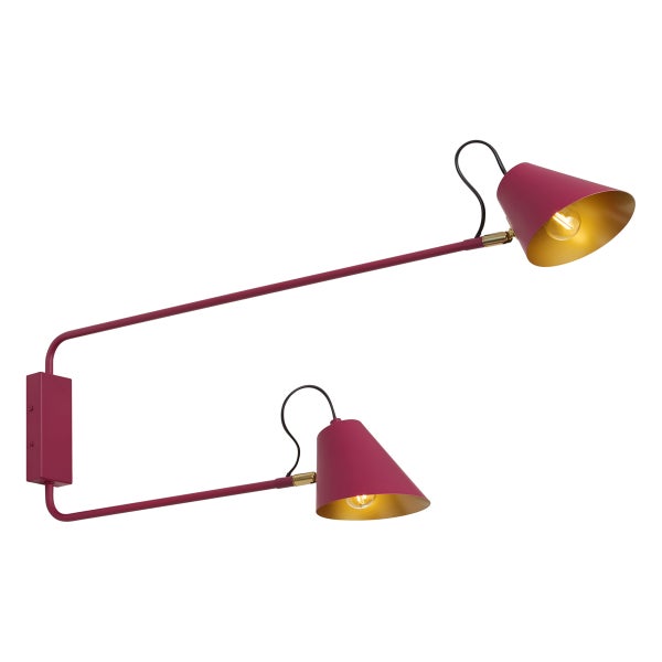 Moderne zweiflammige Wandleuchte mit schwenkbaren Armen und kegelförmigen Lampenschirmen für eine gezielte Beleuchtung.