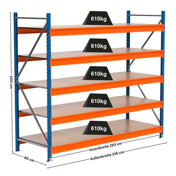 Lagerregal mit fünf Ebenen und Gewichtsangabe
