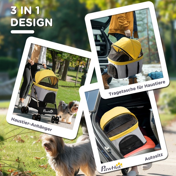 PawHut Hundewagen, 2 in 1 Hundetrolley, Tragetasche, faltbarer Hundebuggy mit Kissen, Katzenwagen für kleine Hunde, Katzen, Katzenbuggy mit  4 Rädern, Netzfenster, Oxfordstoff, Gelb
