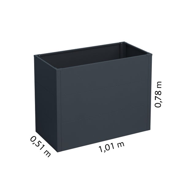 Metall-Hochbeet mit den Maßen 1,01 Meter Länge, 0,51 Meter Breite und 0,78 Meter Höhe.