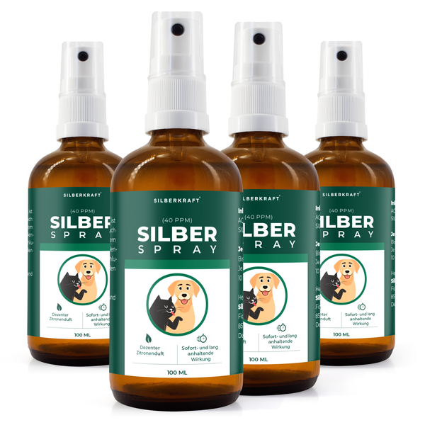 Vier Flaschen Silberkraft Silberspray mit Pumpzerstäuber, je 100 Milliliter Inhalt für die Anwendung bei Haustieren mit Zitronenduft.