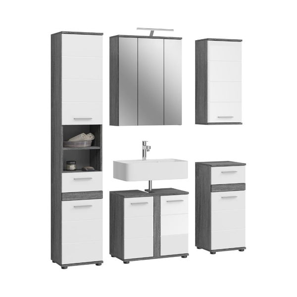 Badezimmermöbel-Set in grauer Holzoptik und Weiß, bestehend aus Hochschrank, Spiegelschrank, Waschbeckenunterschrank und Beistellschränken.