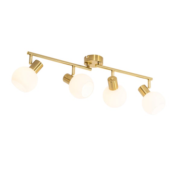 Deckenleuchte mit vier Strahlern und runden Lampenschirmen.