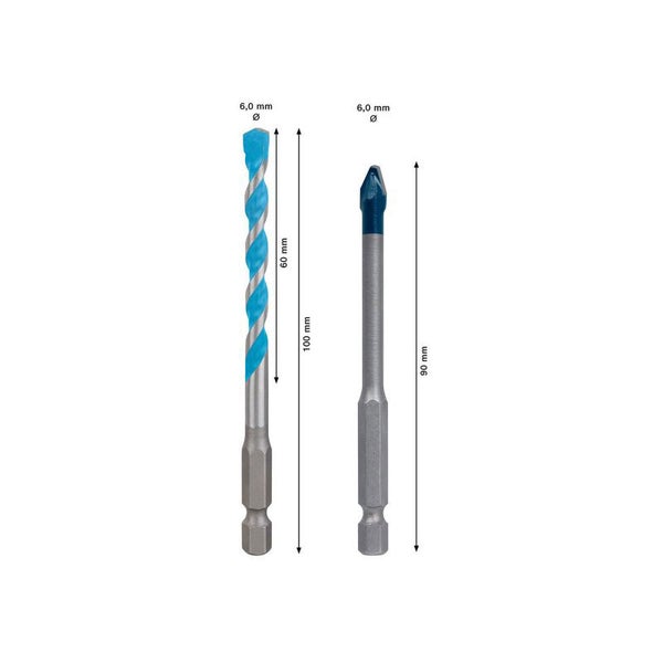 Zwei Bohrer mit den Maßen 6,0 mm Durchmesser, 60 mm Arbeitslänge, 100 mm Gesamtlänge und 90 mm Länge