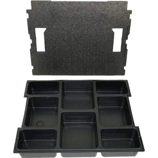 Schwarze Schubladenbox mit neun Fächern und schwarzer Schaumstoffeinlage