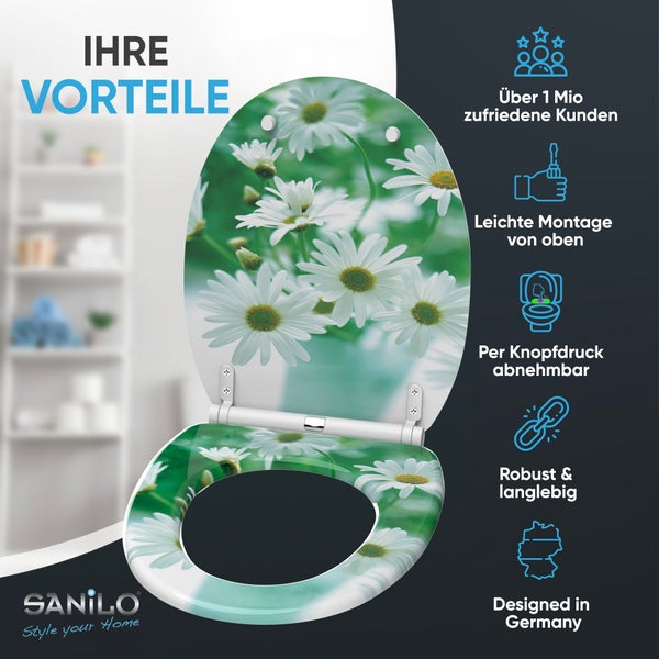 SANILO WC-Sitz mit Gänseblümchen-Motiv. Merkmale: einfache Montage, abnehmbar, robust, langlebig, über eine Million Kunden. SANILO Logo.