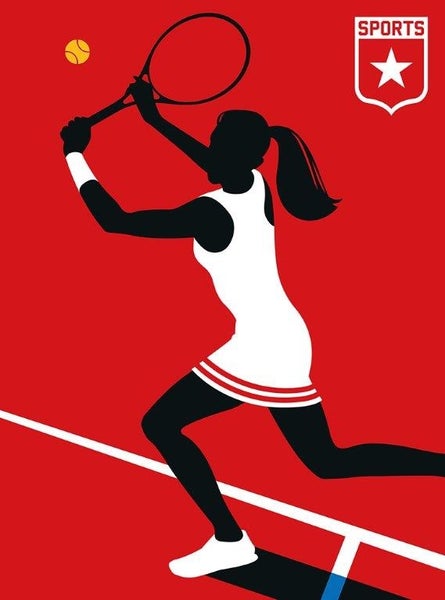 Stilisierte Illustration einer Tennisspielerin beim Schlag auf einen Tennisball mit Tennisschläger und Sports Logo.