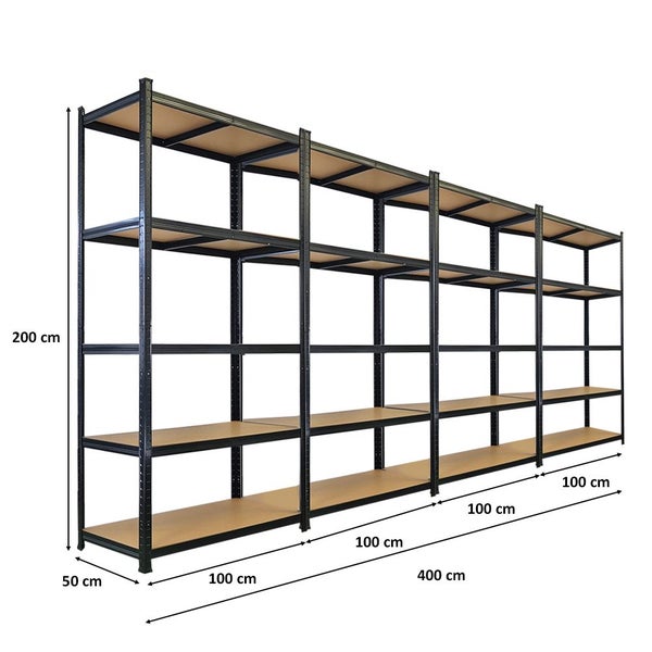 Langes Metallregal mit mehreren Regalebenen und den Maßen 400 x 200 x 50 cm