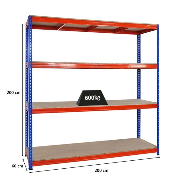 PROREGAL Profi Schwerlastregal Bison HxBxT 200 x 200 x 60 cm 4 Spanplatten-Ebenen 16mm Fachlast 600 kg Blau-Orange