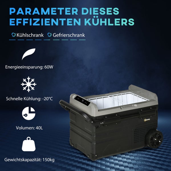 Mobile Kühlbox und Gefriertruhe auf Rollen. 60 Watt Energieeinsparung, minus 20 Grad Celsius Kühlung, 40 Liter Volumen, 150 Kilogramm Tragkraft.