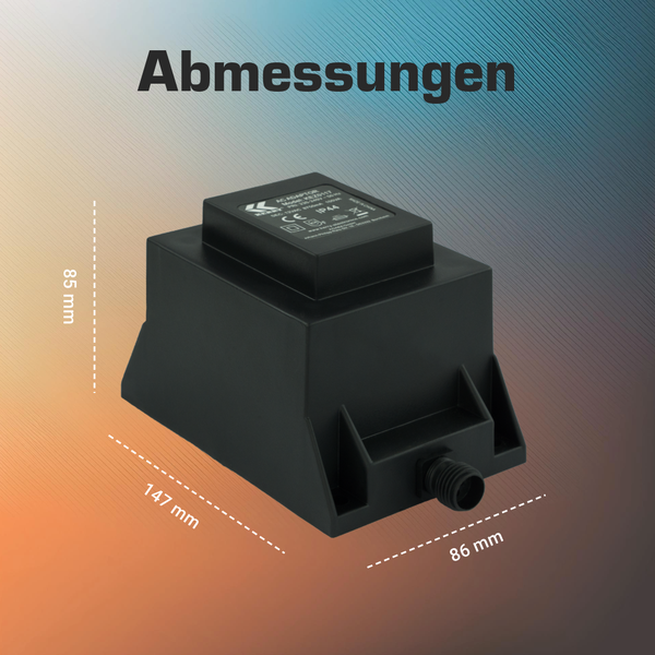 Abmessungen des schwarzen Netzteils: Länge 147 Millimeter, Breite 86 Millimeter und Höhe 85 Millimeter.
