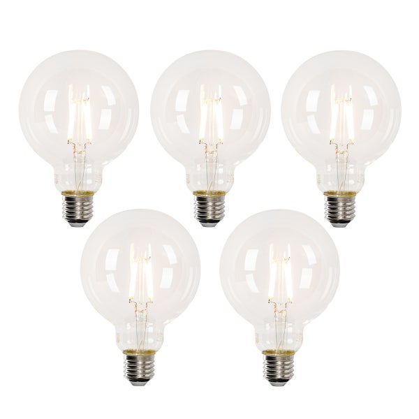 Fünf LED-Filament-Leuchtmittel in Globe-Form mit E27-Fassung aus Glas.