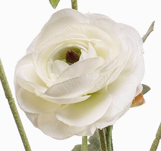 Künstliche weiße Ranunkel aus Textil mit grünem Stiel.