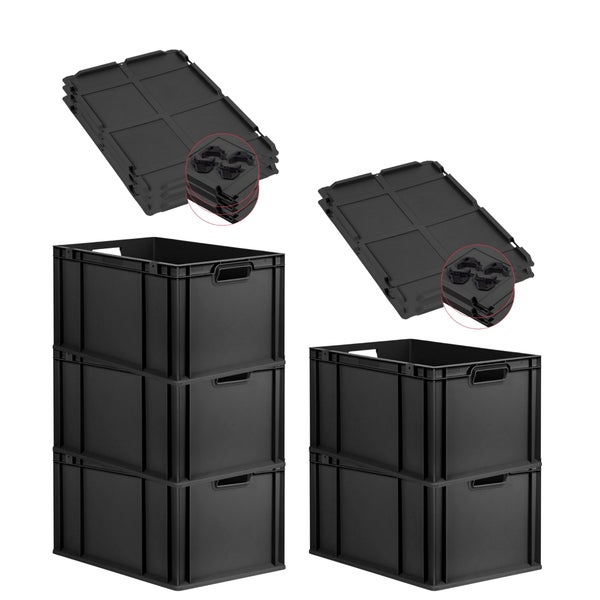 PROREGAL SparSet 5x Eurobox NextGen Grip mit Auflagedeckel inkl. 4 schwarzen Schiebeschnappverschlüssen, HxBxT 32x40x60cm, 65 Liter, Schwarz, Griffe offen, Verstärkter Boden, Eurobehälter, Transportbox, Transportbehälter, Stapelbehälter