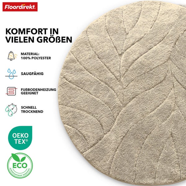 Runder Badteppich mit Blattmuster, Material 100 Prozent Polyester, saugfähig, geeignet für Fußbodenheizung, schnell trocknend, Öko-Tex Siegel, Eco Siegel