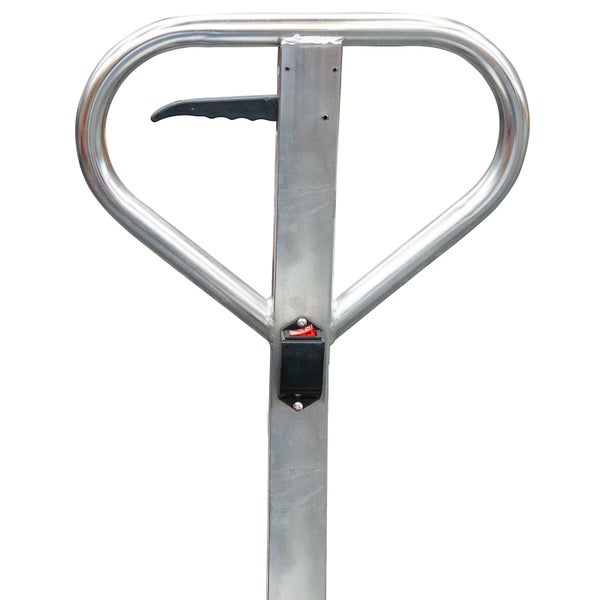 Deichselgriff eines Hubwagens aus Metall mit Handhebel und Schalter.