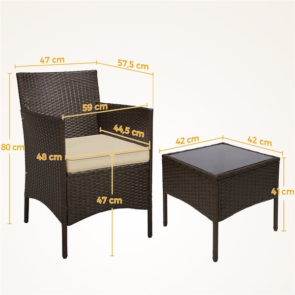 Gartenmöbelset mit Sessel und Tisch aus Polyrattan und Glas, mit Maßangaben