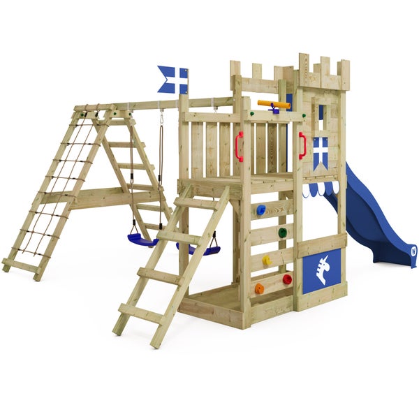 WICKEY Spielturm Ritterburg DragonFlyer mit Schaukel und Rutsche, Spielhaus mit Sandkasten, Kletterleiter und Spiel-Zubehör - blau