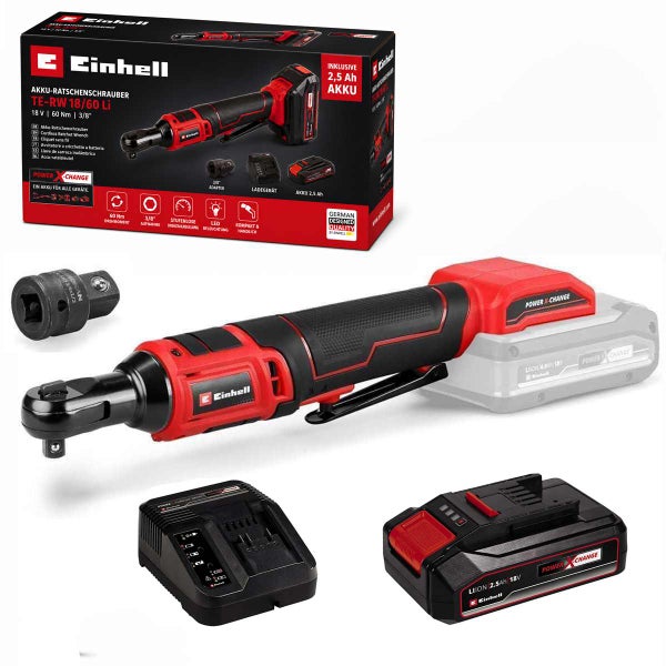 Einhell Akku-Ratschenschrauber TE-RW 18/60 Li mit 2,5 Amperestunden Akku, Ladegerät und Adapter vor der Produktverpackung.