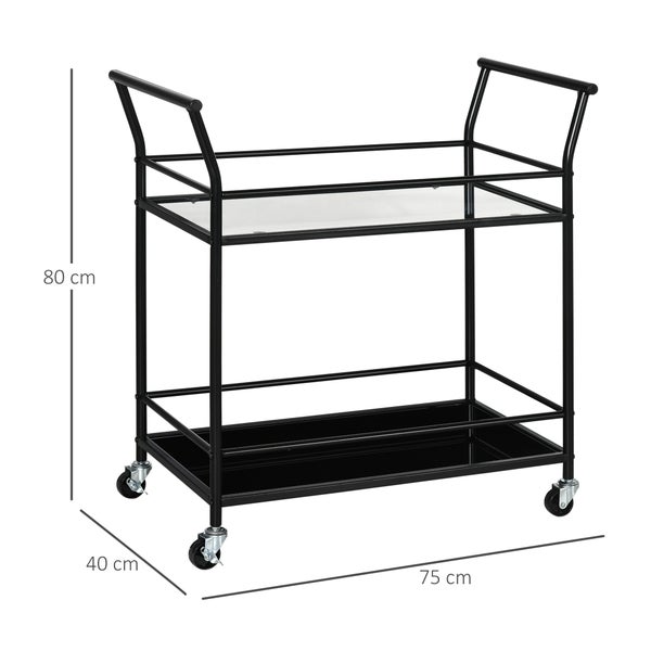 HOMCOM Küchenwagen, Rollwagen, Servierwagen mit 2 Ablagen, Trolley, Beistellwagen auf Rollen, Aufbewahrungswagen für Küche, Metall, Schwarz, 75 x 40 x 80 cm