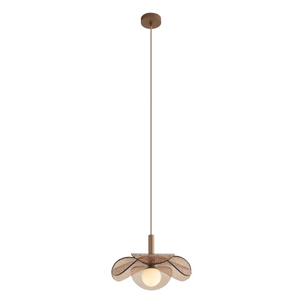 Moderne Pendelleuchte mit blütenförmigem Glasschirm und mittiger Lichtkugel für eine stilvolle Innenbeleuchtung.