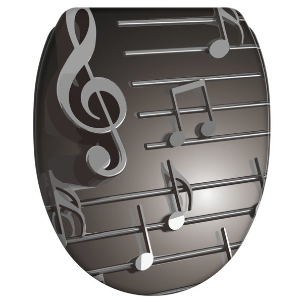 WC-Sitz mit Musiknoten und Violinschlüssel auf Notenlinien.