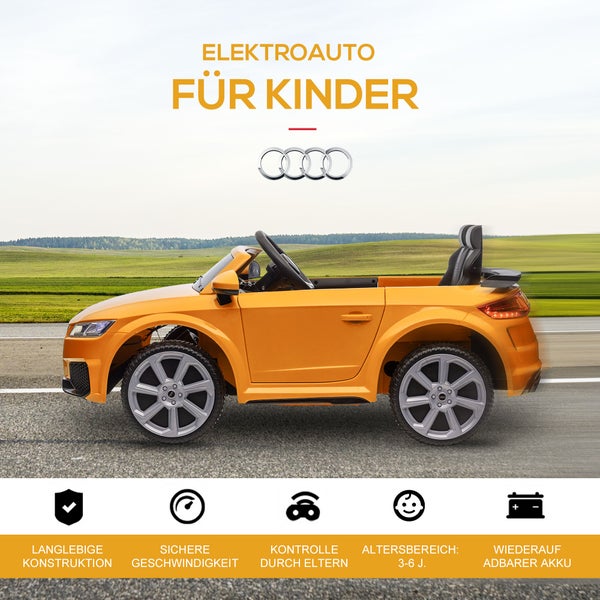 HOMCOM Kinder Elektroauto, 12V, mit 2,4 G Fernbedienung, Audi, mit Scheinwerfer, MP3-Anschluss, bis 3 km/h, für Kinder 3-5 Jahre, 102L x 60B x 44H cm, Kunststoff, Eisen, Gelb