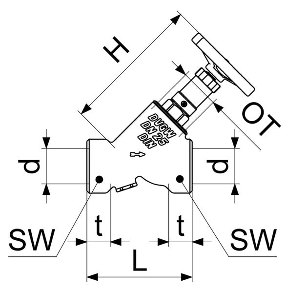 Maßzeichnung eines Schrägsitzventils mit Angaben zu Länge, Höhe, Durchmesser und Schlüsselweite.
