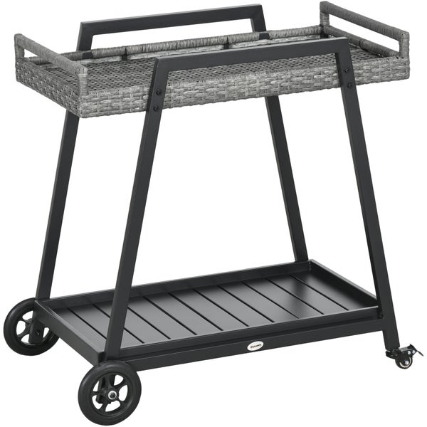 Outsunny Rattan Servierwagen mit Ablage, Gartenrollwagen mit Griffen, 79L x 52B x 82H cm, Stahl, Grau