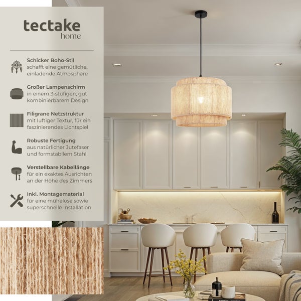 Wohnzimmer mit einer dreistufigen Hängelampe im Boho-Stil aus Jute von tectake