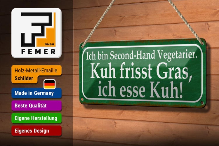 Blechschild Spruch 27x10cm ich bin Second-Hand Vegatarier Dekoration