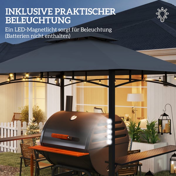 Outsunny Grillpavillon mit LED 243 x 148 x 248 cm wasserdicht flammhemmend Gartenpavillon mit Doppeldach,Seitenregalen, Gartenlauben mit UV-Schutz, BBQ Pavillon aus Metall Grillzelt für Party BBQ Grau