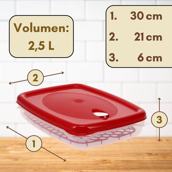 Vorratsbehälter mit den Maßen 30 cm x 21 cm x 6 cm und einem Volumen von 2,5 Litern