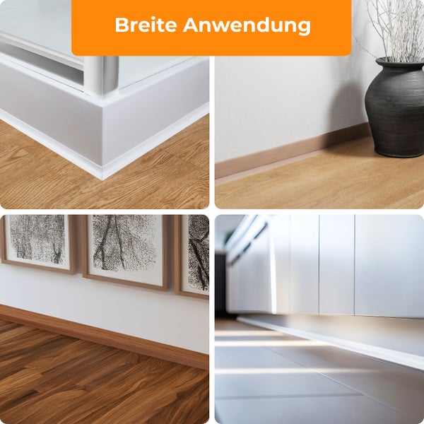Vier Anwendungsbeispiele von Sockelleisten in verschiedenen Wohnräumen und an unterschiedlichen Bodenbelägen wie Holzoptik und Fliesen.