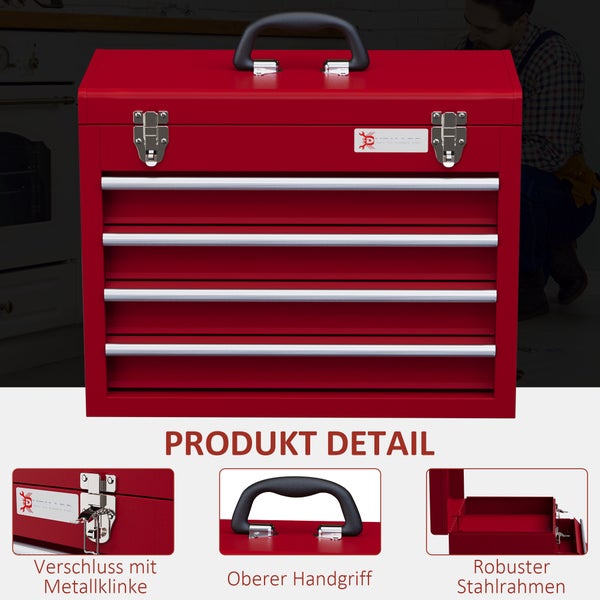 DURHAND Werkzeugkoffer leer, 51 x 22 x 39,5 cm Werkzeugkasten mit 4 Schubladen, oberes Staufach, Handgriff, Werkzeugkiste mit 2 Schloss, aus Stahl, Rot