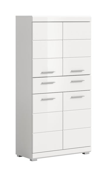 Hochglanz-Highboard in Weiß mit mehreren Türen und silbernen Griffen.