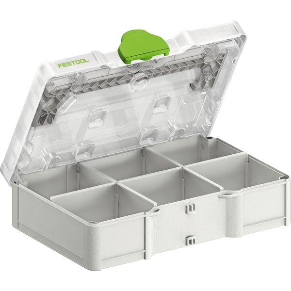 Festool Systainer Organizer aus Kunststoff mit transparentem Deckel und sechs Fächern für Kleinteile.